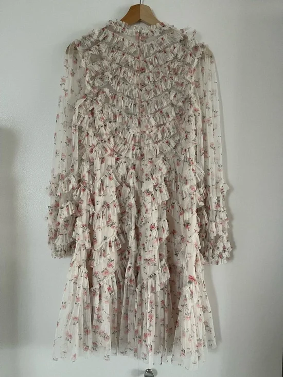 Needle & Thread Floral Ruffle Tiered Mini Dress in Ivory with Pink Roses - Picture 2 of 3